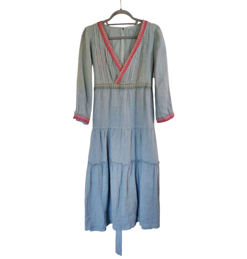 120% Lino Paris Linen Blue Embroidered Tiered Prairie Boho Maxi Dress, Sz Medium